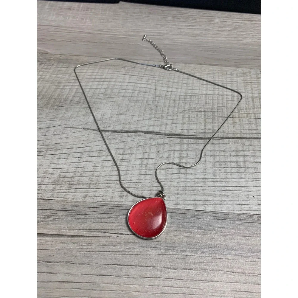 Red Teardrop Pendant Necklace Silver Tone Snake Chain Adjustable 20 Inch